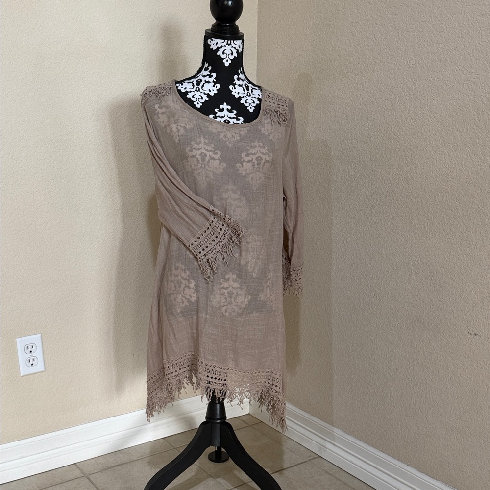 Elegant Tan Lace Trim Dress